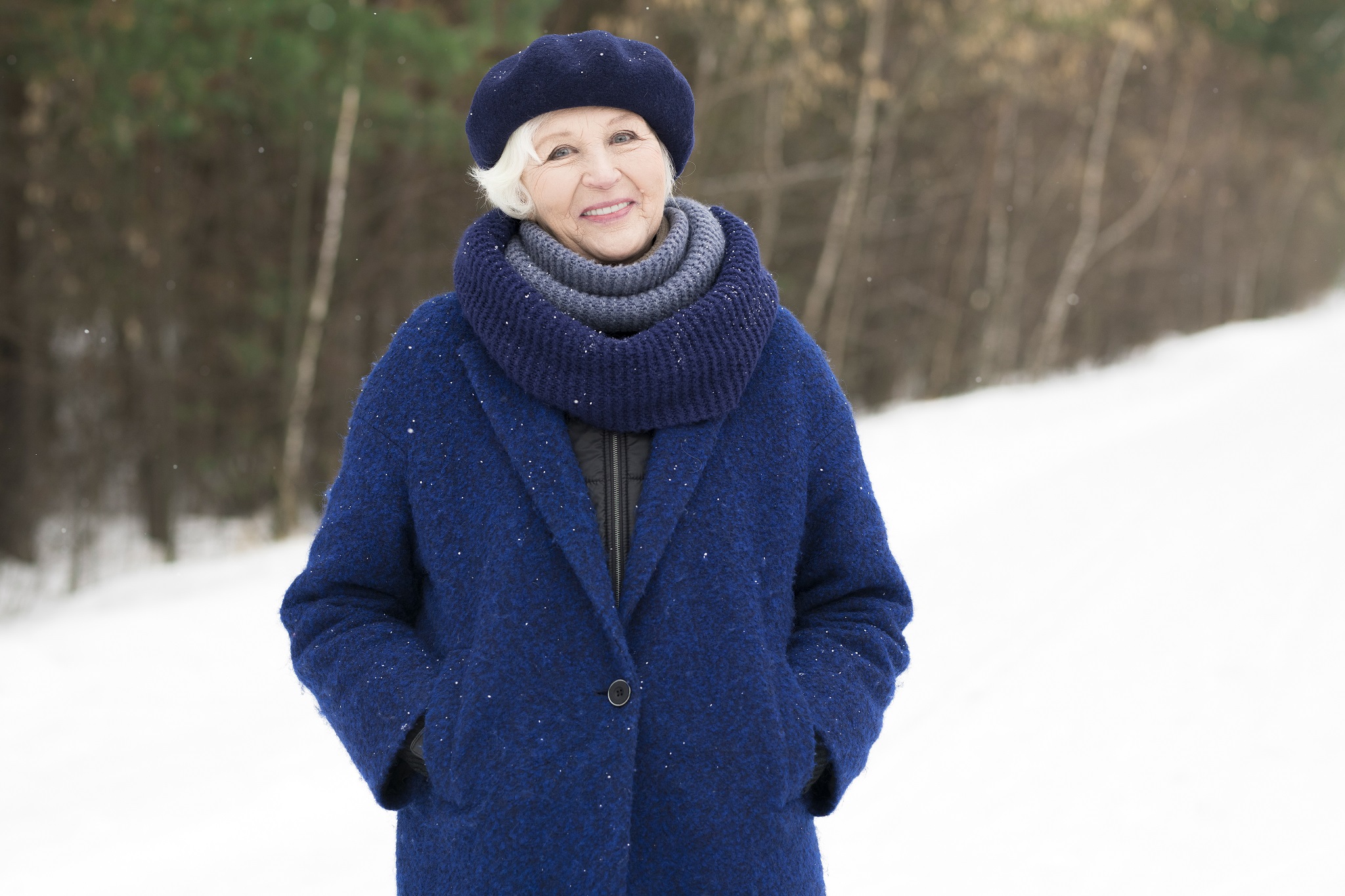 Photo of older women in winter scene to promote risk of hyperthermia